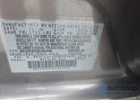 2016 Nissan Versa 1.6 S/1.6 S+/1.6 Sl/1.6 Sv z USA, uszkodzony, nr VIN 3N1CN7AP3GL864446